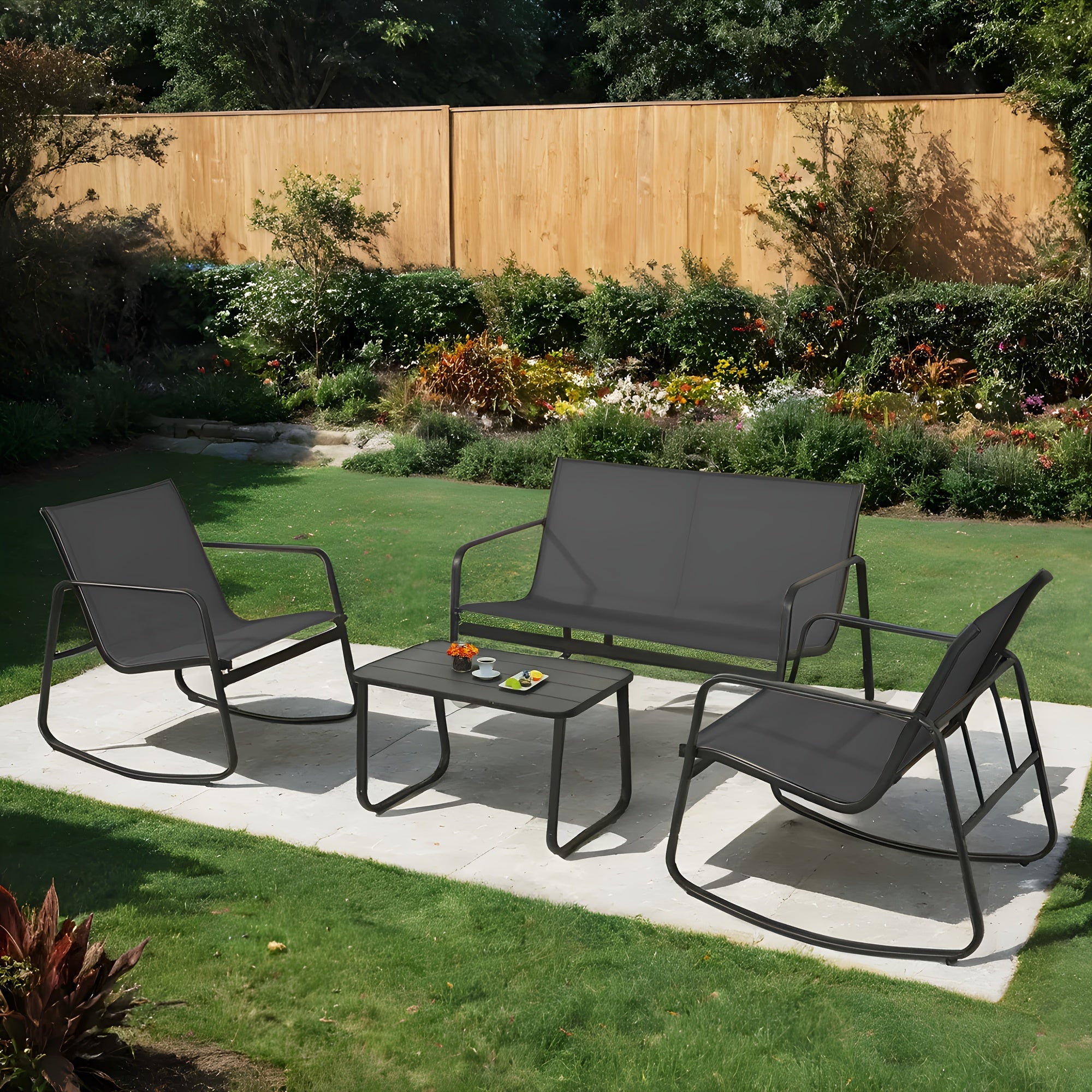 TEMU 4pcs Patio Furniture Set, Outdoor Conversation Set With Rocking Chairs & Loveseat, With Coffee Table For Garden, Balcony, Poolside, Backyard