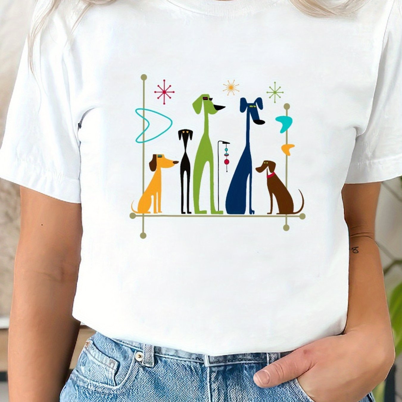 TEMU Women's Vintage 1950s 1960s T-shirt - Soft Breathable White Tee With Retro Dogs Graphic (convertible, Formal Attire) - Non-stretch Casual