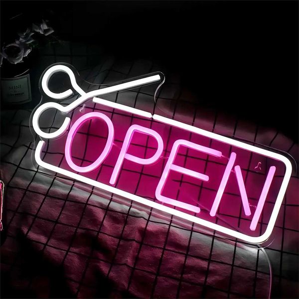 New Arrival Barber Shop Open Neon Sign Pink White LED Sign USB Powered Light up Signs for Wall Decor with Switch for Salon Hotel Shop Club Z