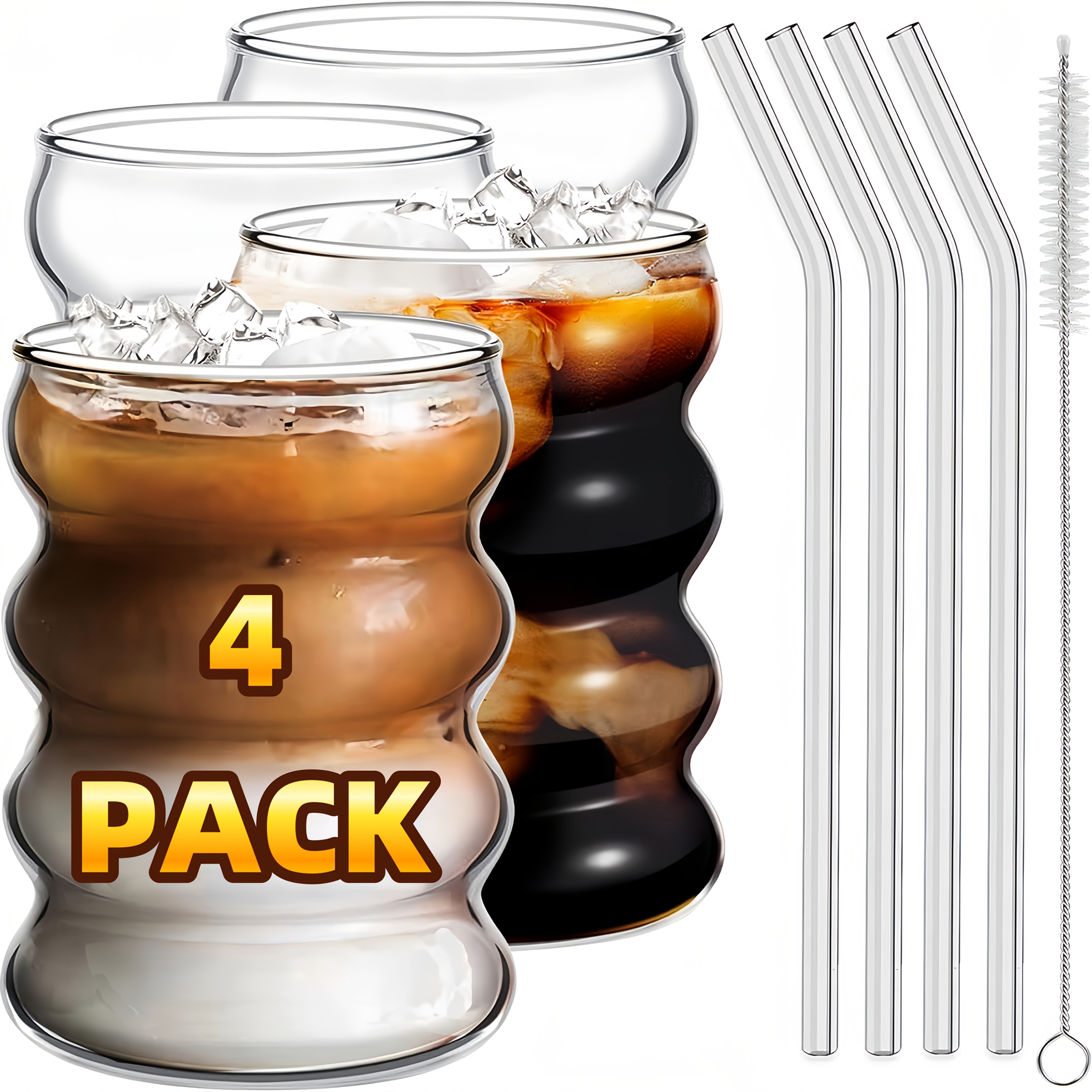 TEMU Glass Cups Vintage Drinking Glass Ribbed Glass, Kitchen Essential, Iced Coffee, Juice, Beverages Transparent Straw Glass Cups With Straws And