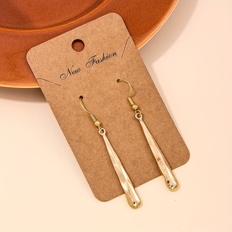TEMU Pair Of Long Geometric Drop Earrings, Irregular Pleated , Alloy With Golden-tone , Hook Style For Casual Attire Or Gifting, Accessories | Modern