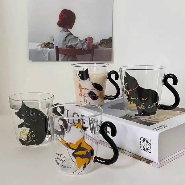 1-2pcs 250 ml Cute Black Cat Glass Coffee Mug Set Handgrip Animal Shaped Milk Water Juice Mugs Tea Cup Japanese Style GiftXJ241205
