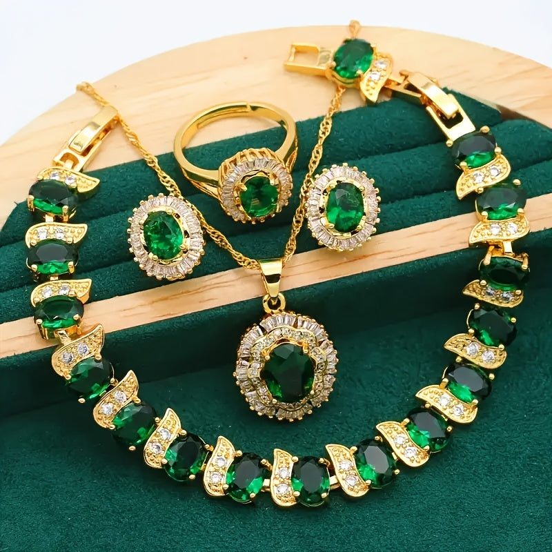 TEMU 5pcs- Vintage Elegant Inlaid Set - Includes Bracelet, Ring, Earrings, Necklace Pendant, 18k Golden Plated, Valentine's Day Wedding Jewelry,