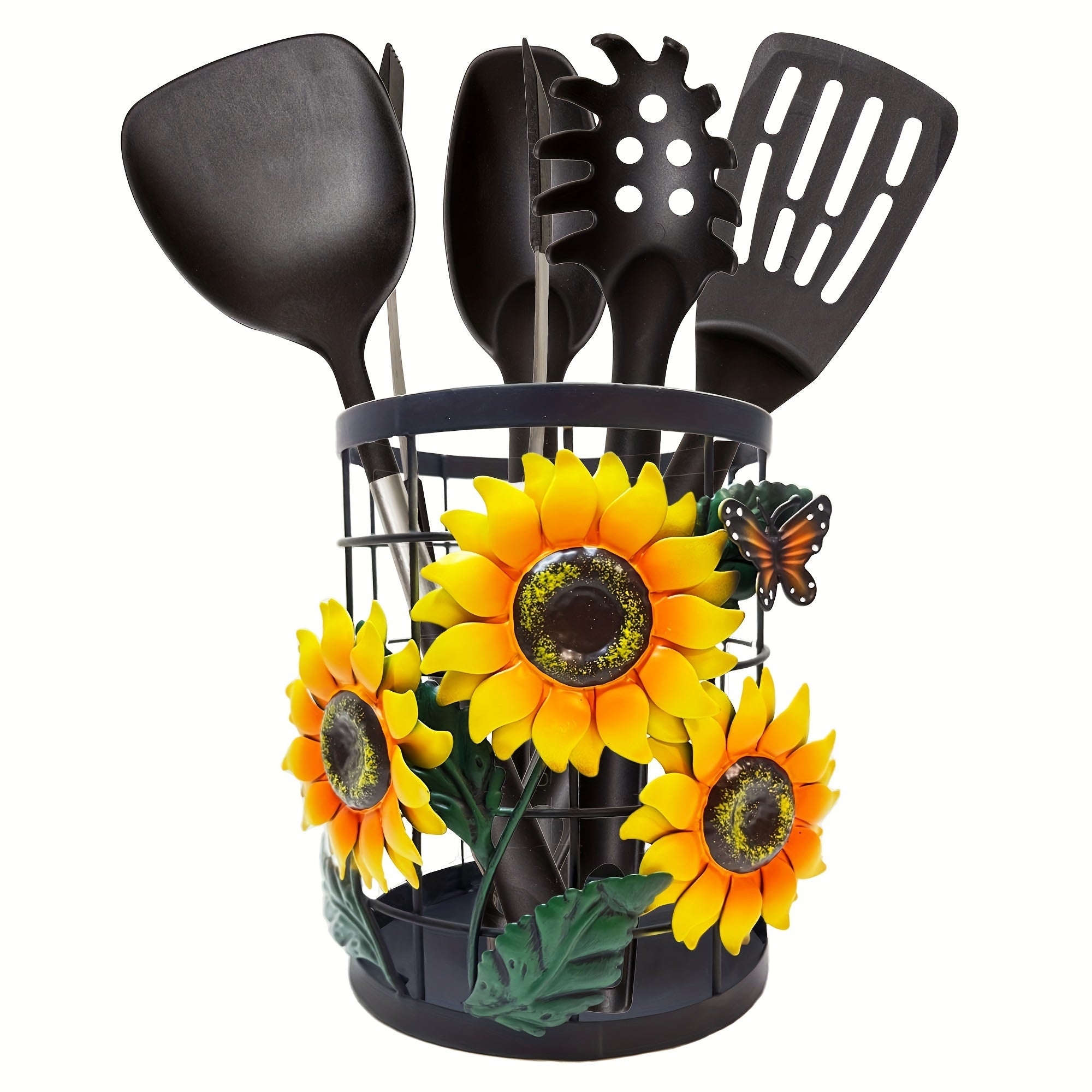 TEMU Cast Iron Sunflower Utensil Holder - Rustic Farmhouse Kitchen Decor With Accents, Polished Metal Utensil Organizer For Countertop, 6x7 Inch