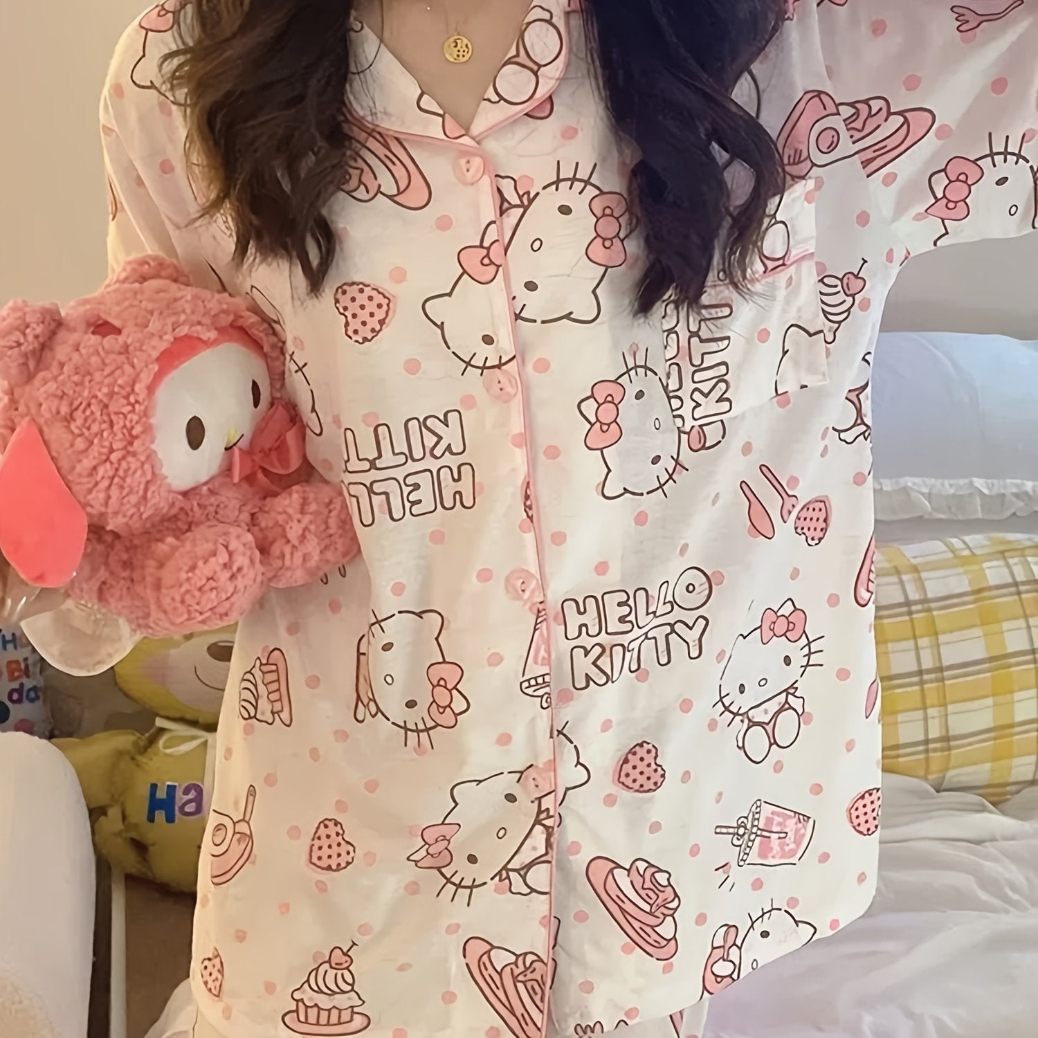 TEMU Hello Kitty Pajama Sets Womens Button Long Sleeve Pj Pants Set Two-piece Sleepwear