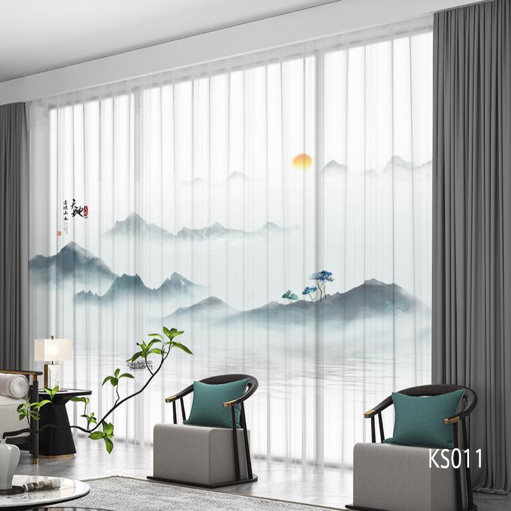 YL-36687 Modern New Chinese Style Ink Painting Landscape Living Room Study High-end Bedroom Famous Hotel Curtain Zen Gauze Curtain