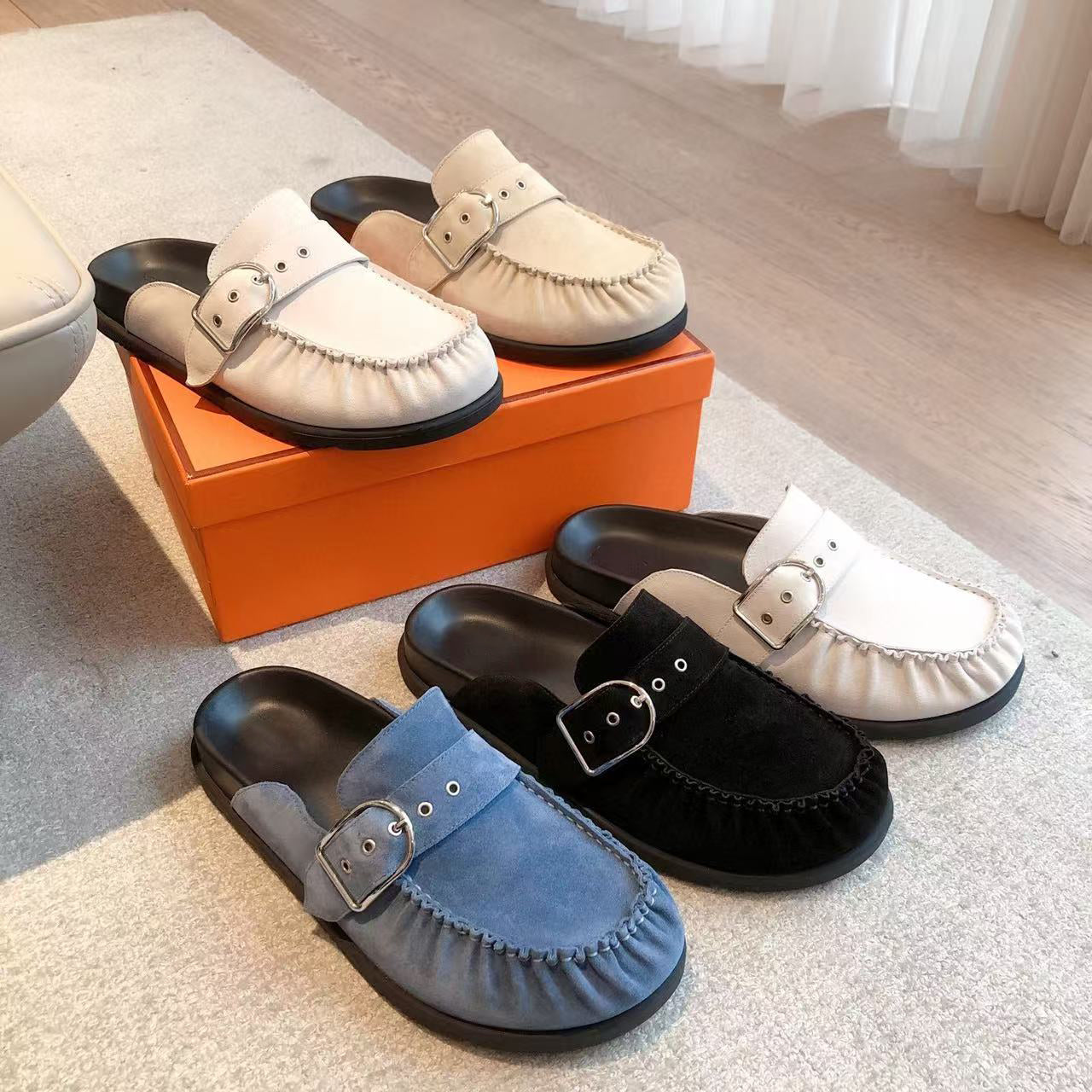 Designer high quality leather retro men&#039;s and women&#039;s shoes leather frosted cow belt buckle Baotou half slippers lazy shoes outside flat b