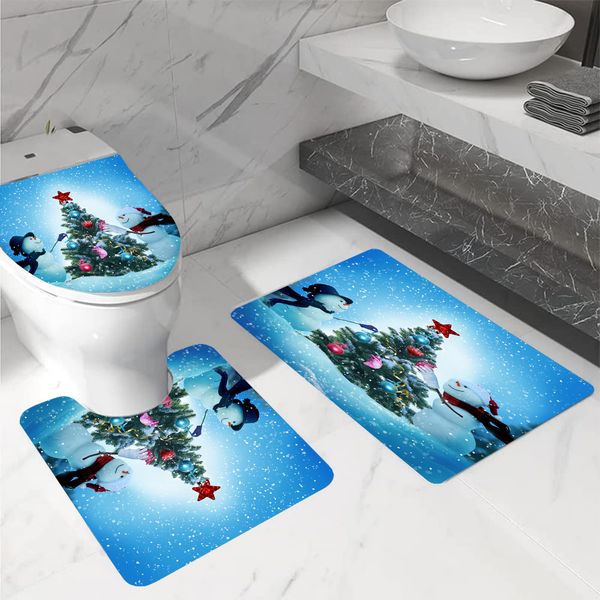 Christmas 4-piece digital printed polyester Christmas shower curtain set with waterproof and anti slip floor mat combination