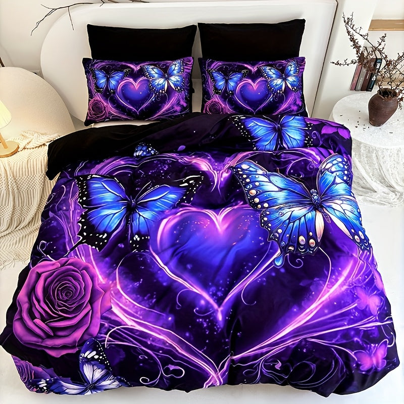 TEMU 3pcs Purple Fancy Love Flower Duvet Cover Set (1 Duvet 2 Pillowcases Without Pillow Core), At Home Dormitory High Definition Code Printing Queen