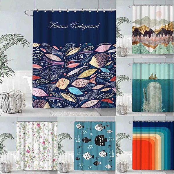 Natural Floral Shower Curtains Fish Green Leaf Water Color Art Nordic Modern Waterproof Bathroom Decor Curtain Y240815