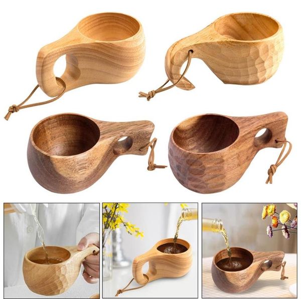 Finland Kuksa Portable Coffee Mug Rubber Wood Handle Two Hole Cowhide Rope Hook Juice Milk Tea Coffee Drinking Cup Drinkware