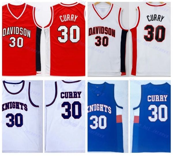 Mens Knights Curry 30 High School Basketball Jerseys NCAA Davidson Wildcat College Stitched Shirts Blue Red S-XXL