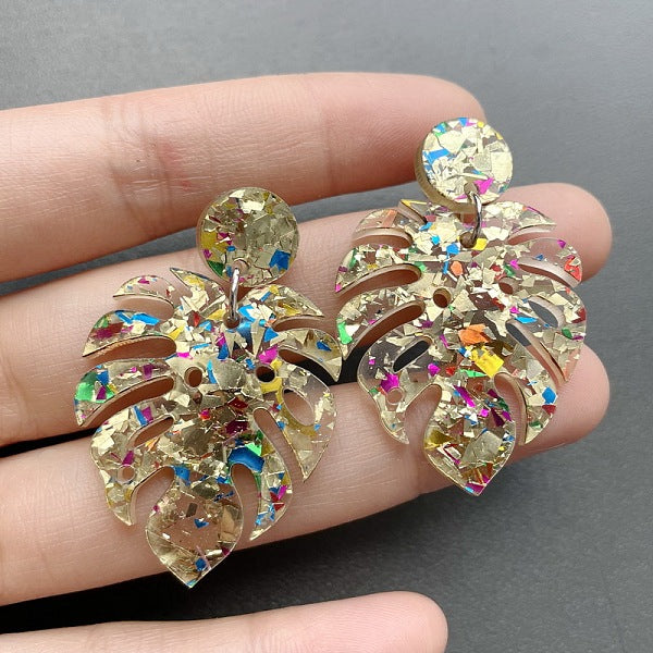 Boucles d'oreilles pendantes à paillettes en acrylique et feuilles