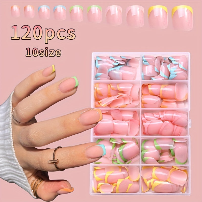 TEMU 120pcs Vibrant Rainbow French Tip Press-on Nails Kit - Short Square Acrylic Fake Nails With Glossy Finish, Mixed Colors For Easy Diy Manicure,