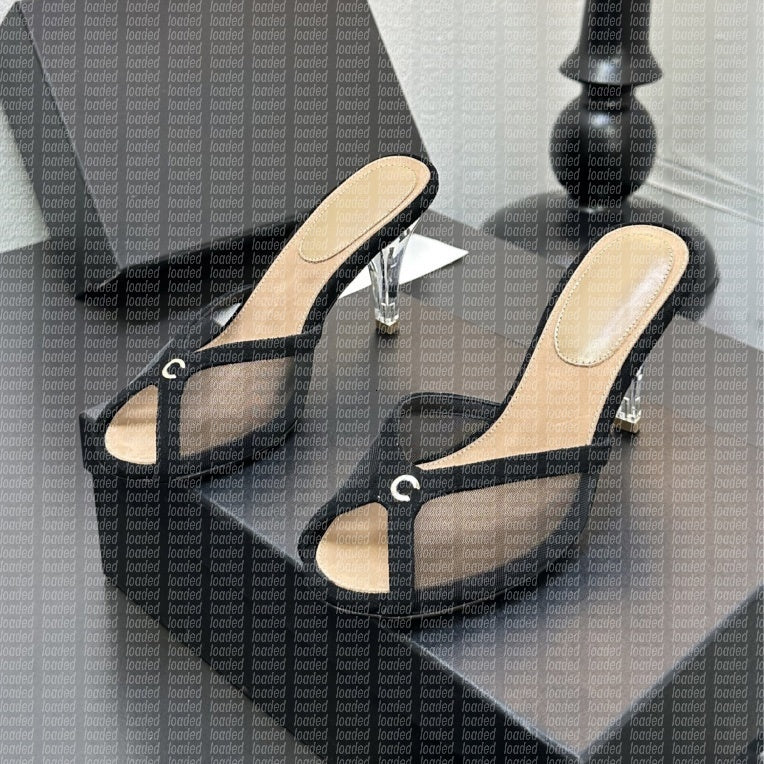 designer heels High quality mesh Stiletto heels slippers High heeled sandals slides rhinestone Fish mouth open toes Clear heel Luxury Dinner party s