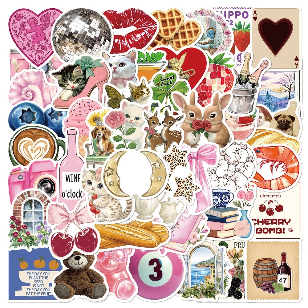 TEMU 50pcs Pink Retro Art Stickers - Pvc, Ideal For Scrapbooking, Laptops, Skateboards & More - Add A To Your Devices!