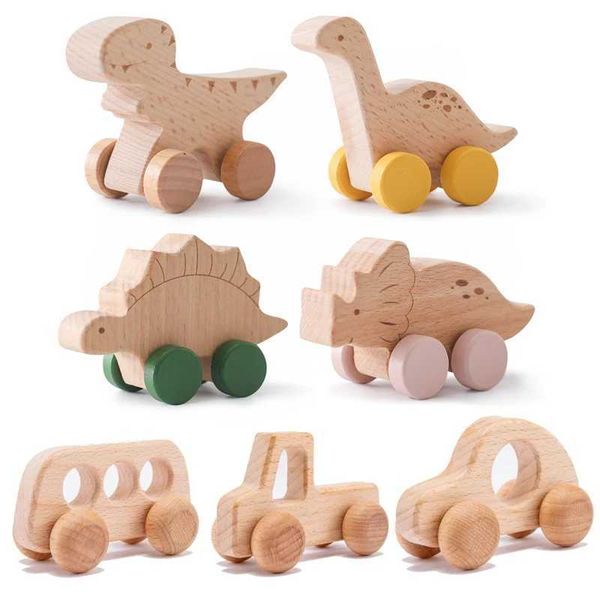 Wooden Baby Car Toys Beech Wooden Dinosaur Cartoon Car Teether Educational Montessori Toys For Children Teething Baby ToysC250121