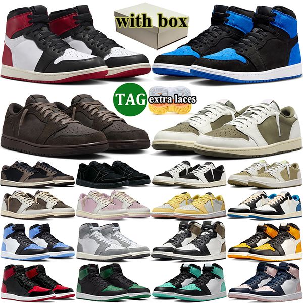 with box basketball shoes mens athletic sneakers Velvet Brown Black Blue Bred Medium Olive Pink Green Midnight Navy men women trainers sport
