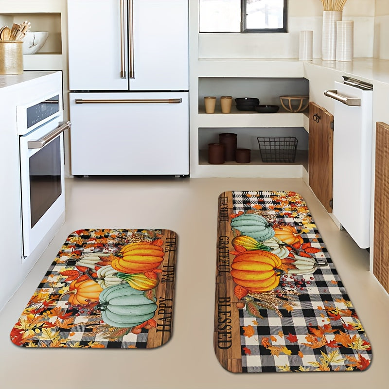 TEMU 2pcs Kitchen Mat Set" Pumpkin Leaves Happy Fall Kitchen Mat Festive Thanksgiving Decor"machine Wash, Fabric Polyester Floor Mat, Suitable For