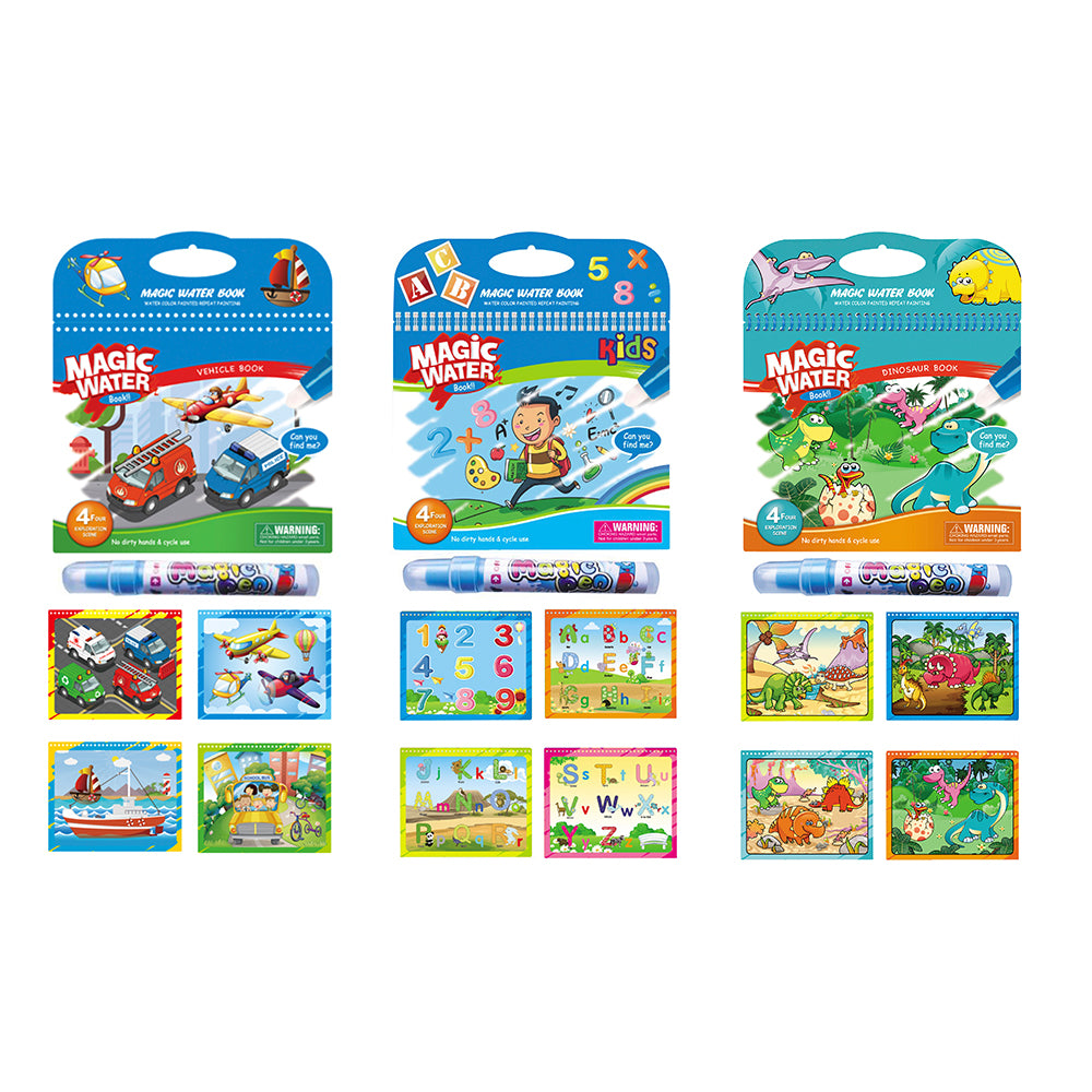 Magic Water Washable Coloring Books with Water Markers (3-Pack) - Dinosaur , Number, Vehicle