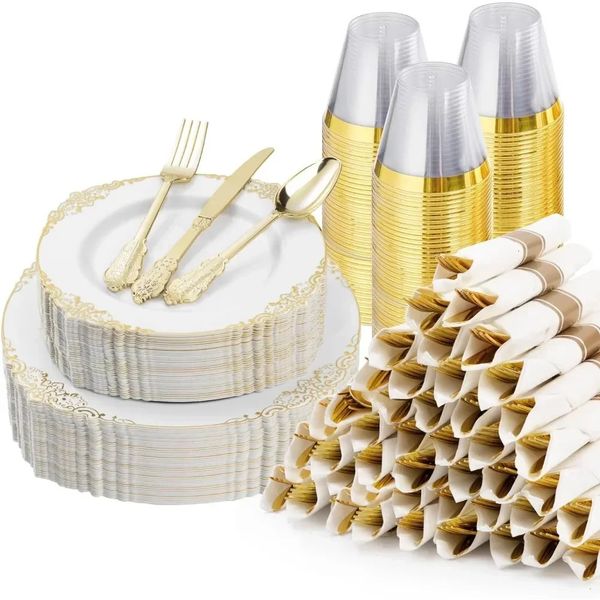 350PCS Gold Disposable Dinnerware Sets for 50 Guests 100 Rim Plastic Plates Silverware and Pre Rolled Napkins 241022