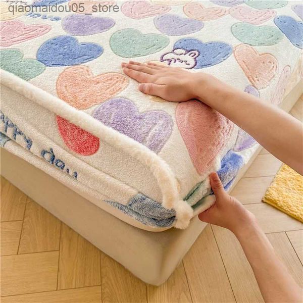 Bedding Sets WOSTAR Double Suitable for Sheet Elastic Mattress Protector Covering Couples Warm and Fluffy Coral Fleece Bed in Winter 150 Q24