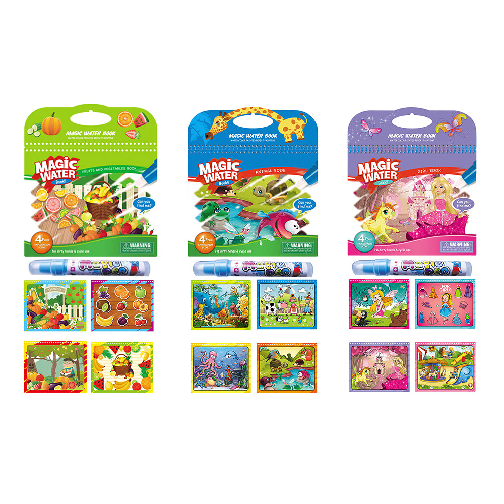 Magic Water Washable Coloring Books with Water Markers (3-Pack) - Girl , Animal, Vegetable