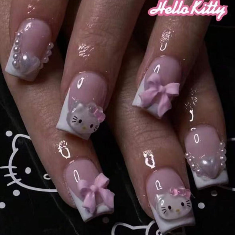 TEMU For Hello Kitty Gradient Nail Art With Cartoon Cat Design, Short Square Shape, Glossy Finish, & Bows, Perfect For Valentine's Day & Special