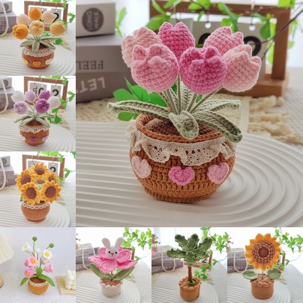 Unique Crochet Flower Plant Potted Creative Office Desktop Knitting Handmade Woolen Yarn Finished Product Car Room Decoration 250206