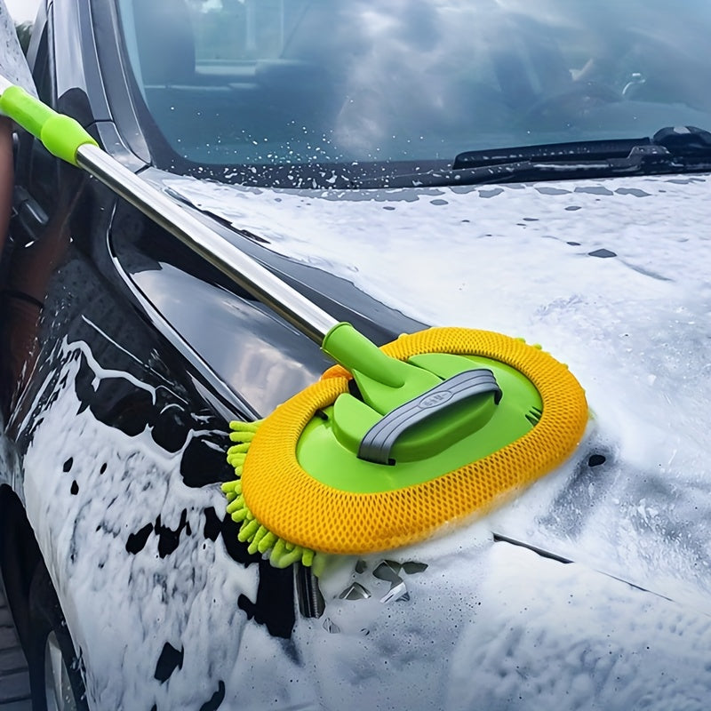 TEMU 1pc Extendable Car Wash Mop With Long Handle - Chenille Microfiber Brush, Green, Ideal For Car Cleaning And Detailing, Design, Car Wash