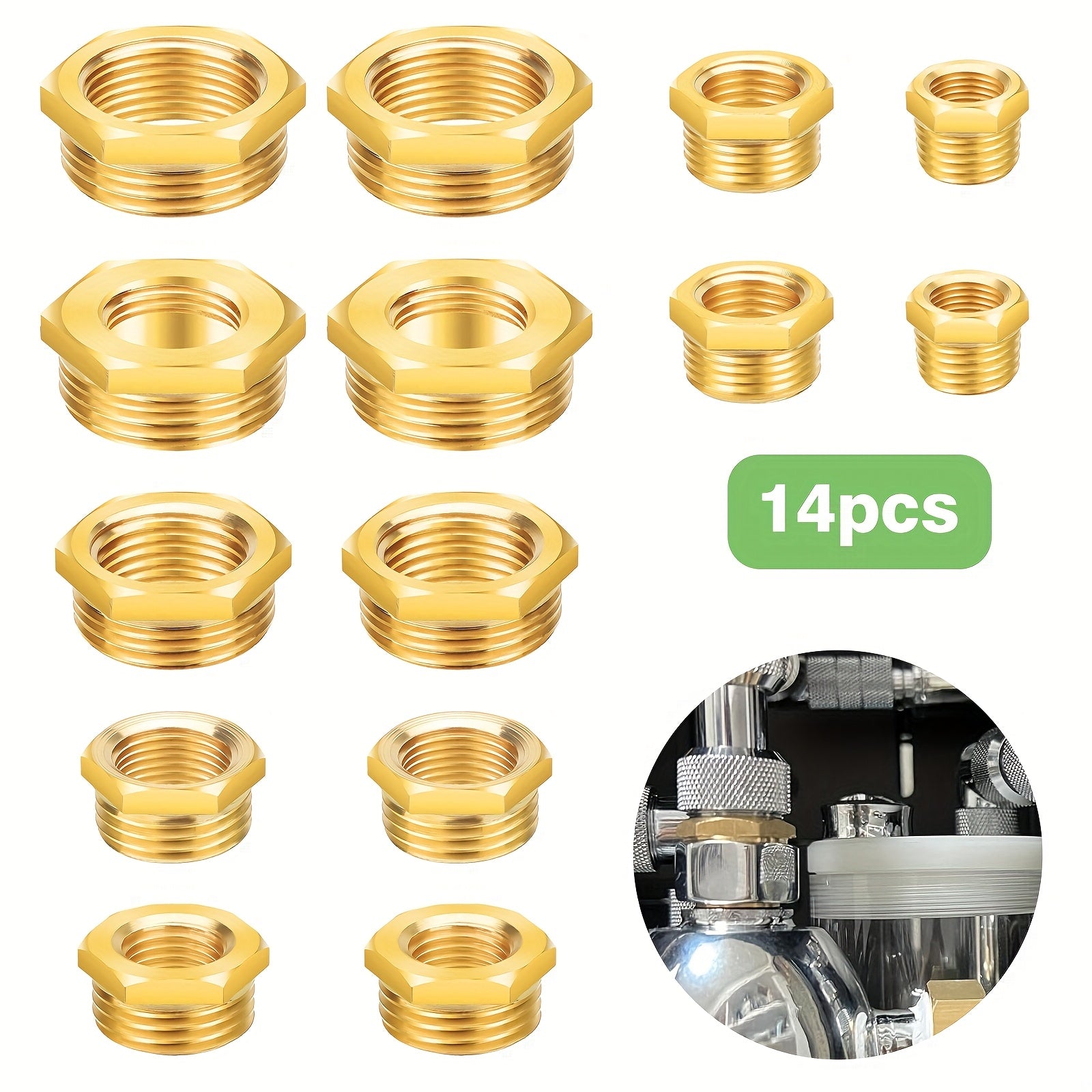 TEMU 14pcs Hexagonal Brass Reducing Coupling Kit, 1-8"-1-4"-3-8"-1-2"-3-4" 1" Universal Threads, For Industrial-diy Plumbing Projects, Pressure &