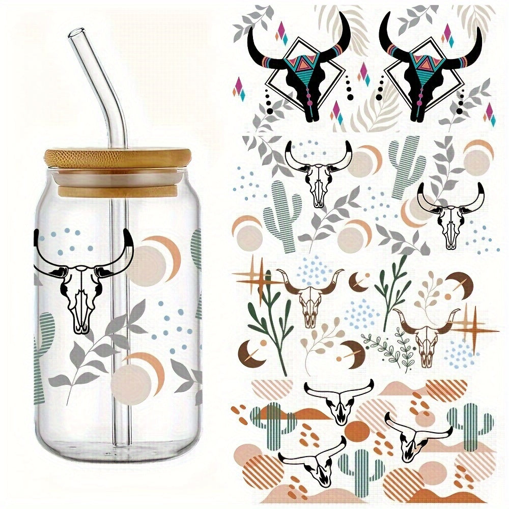 TEMU 4pcs Bull Uv Dtf Cup Wraps - Waterproof & Scratch-resistant Decals For 16oz Glass Cans, Diy With Southwestern (, Bull , Geometric Patterns) -