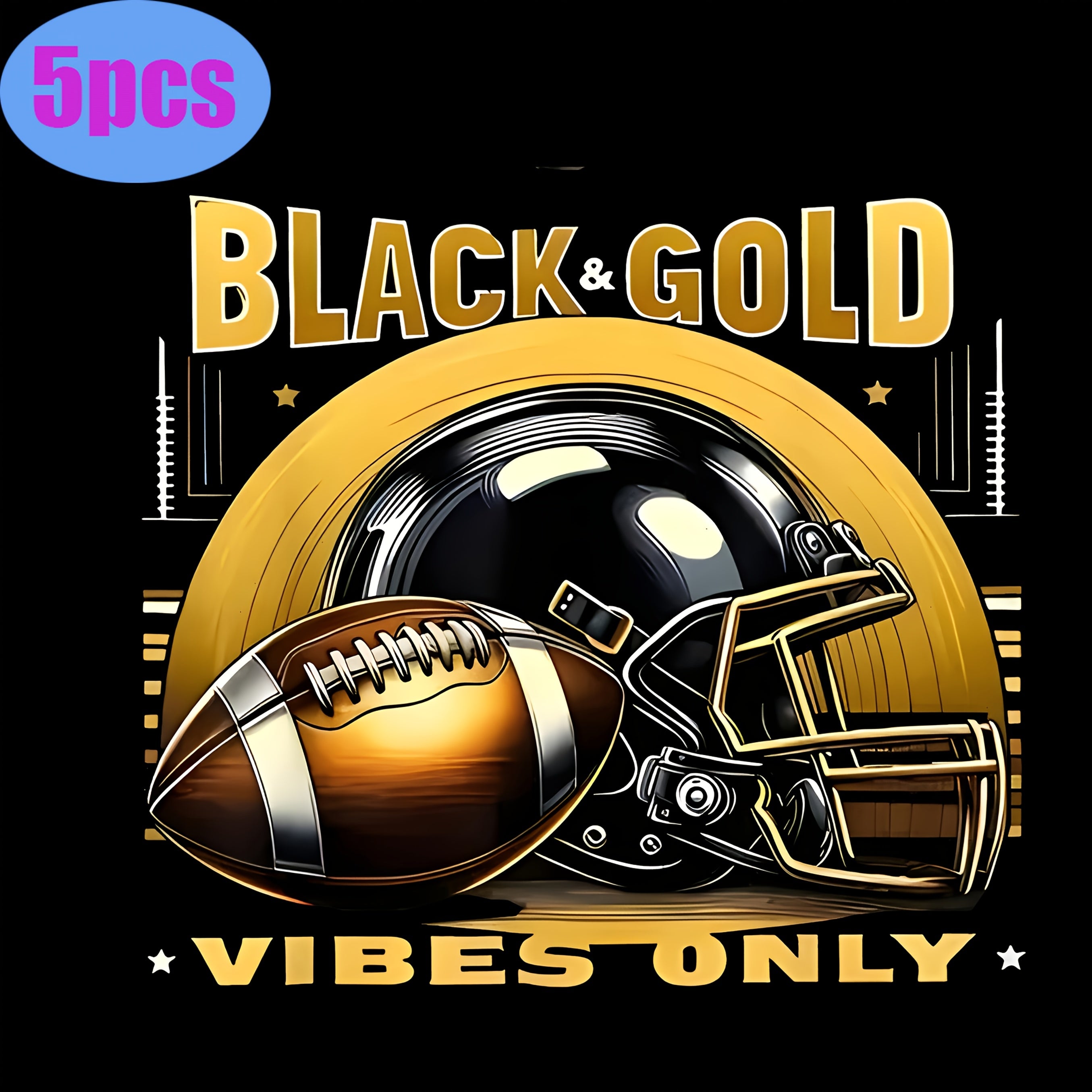 TEMU 5pcs Black & Golden Football Iron-on Transfer Vinyl Decals, Mixed Color Heat Press Designs For Diy T-shirts, Pillows, Fashion Apparel
