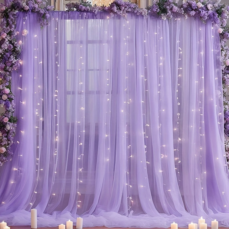 TEMU 1 Set, Purple Tulle Backdrop Decor With Lights String For Party, 300 Led Warm White Usb Plug, 9.84ft X 7.05ft Curtain Fairy Lights, For Wedding,