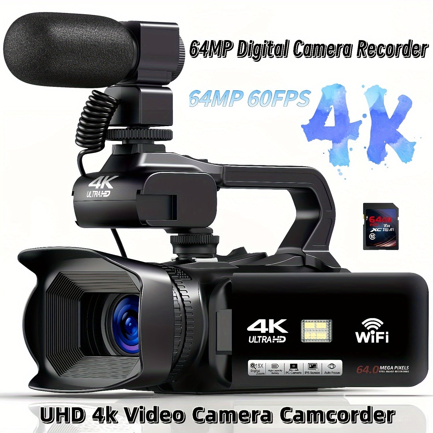 TEMU Uhd 4k Video Camera Camcorder With 18x Digital , 64mp Digital Camera Recorder, 4.0-inch Rotating Touchscreen, 64gb Sd Card, Microphone, Remote