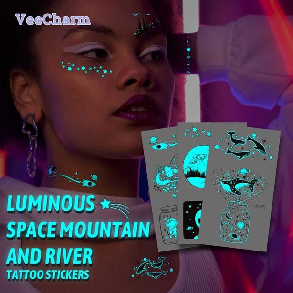 VeeCharm - Nature Space Luminous Tattoos Glowing Temporary Tattoo Stickers for Kids Adults Makeup Body Art 1-9 Sheet Y240809