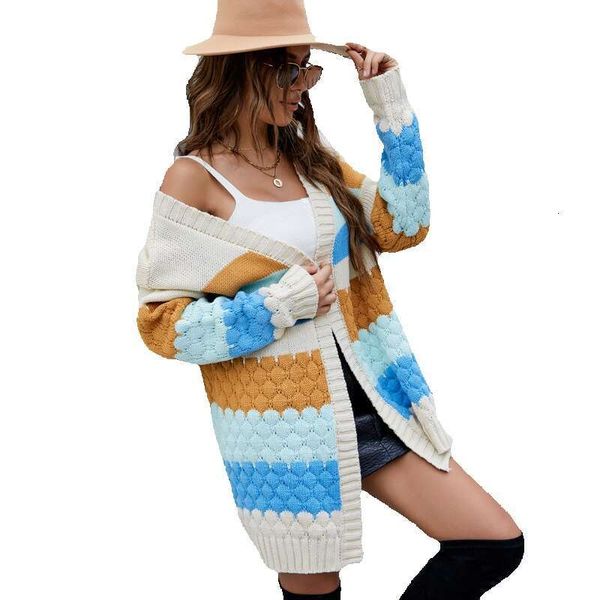 Casual contrasting color sweater jacket women 2022 new loose mid length top autumn and winter paired with knitted cardigan for outerwear