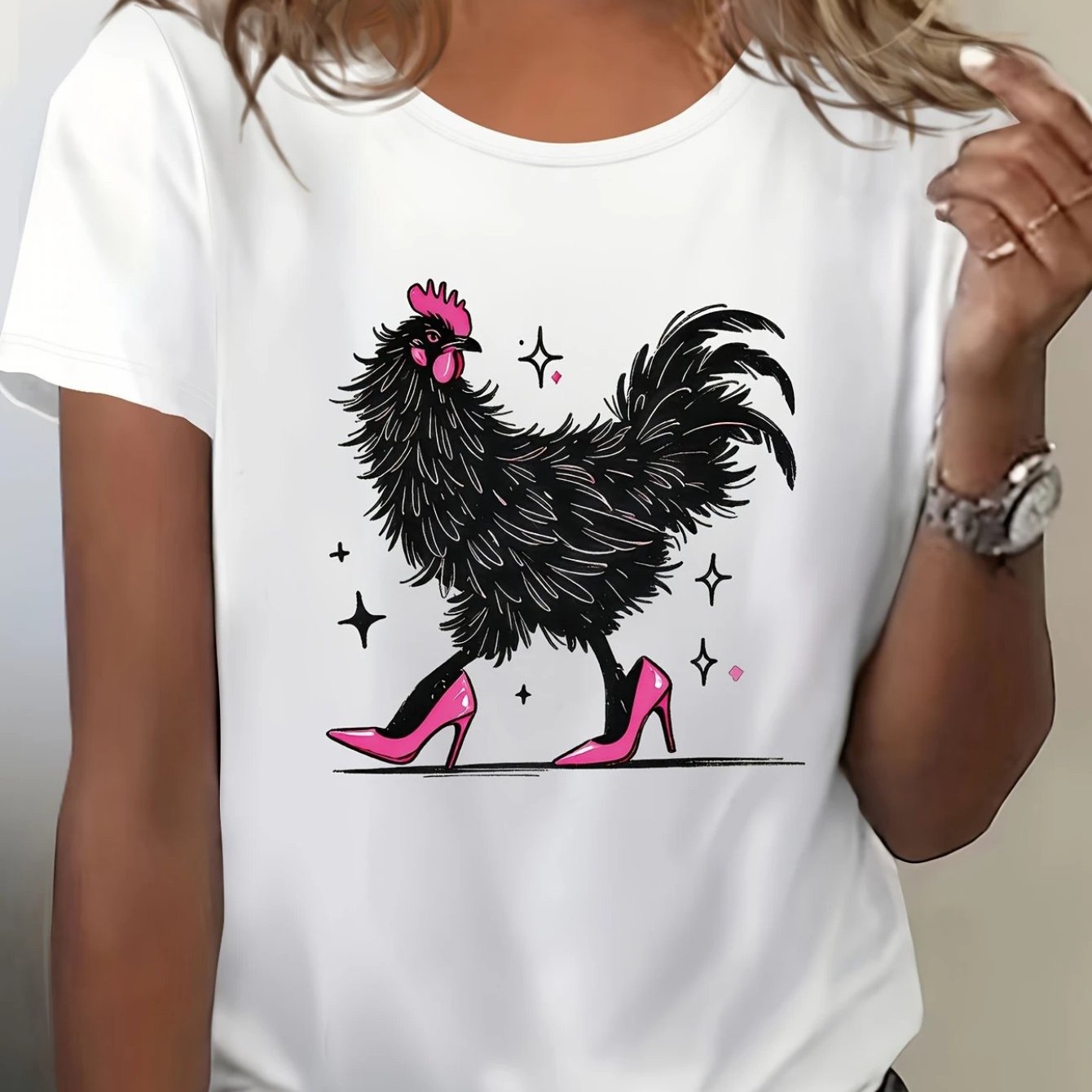 TEMU Women's Cartoon Rooster & Stars Graphic Print Cotton T-shirt - Loose Fit Round Neck Short Sleeve, Breathable Casual Summer Top For Daily Wear &