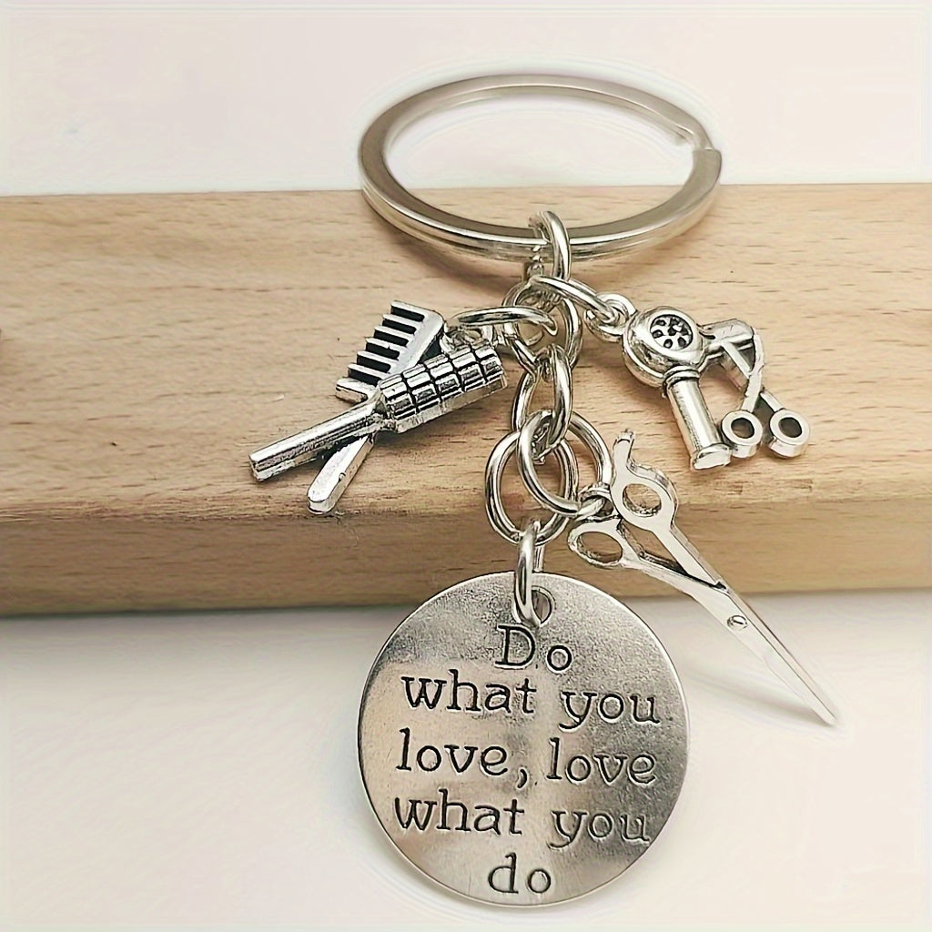 TEMU Chic Stylist-themed Alloy Keychain With Inspirational "" Engraving - Featuring Scissors, Hair Dryer, Comb & More Charms - Ideal Gift For