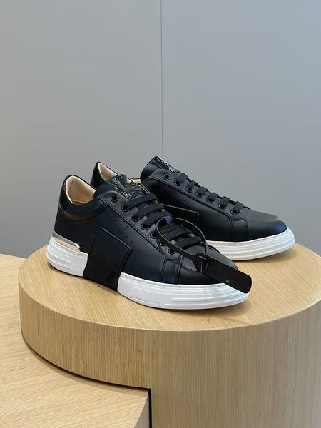 2024 Men Shoes Design Hexagon Side Sneakers Shoes White Black Mix Leather Lo-top Rubber Platform Sole Trainer Wedding,Party,Dress,Evening