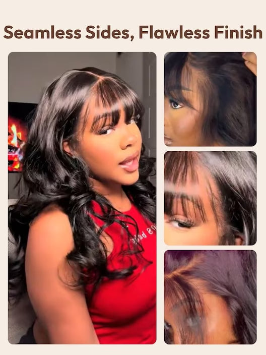 7x5 Bye-Bye Knotsâ¢ Lace Pull And Go Black Fluffy Natural Loose Wave Curtain Bangs Seamless Sides Wig With Invisi Drawstring 180% Density
