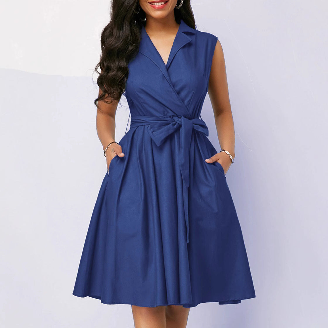 B332large sizeS dress solid color sleeveless lap Elbow waist commuting professional A-line skirtwith pockets