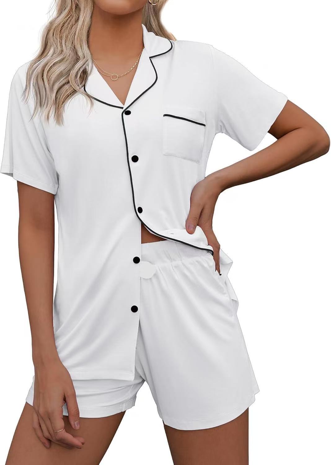 B962-Cardigan Pajamas Casual Lapel Ladies Home Clothes Set Shorts Short Sleeve Two-piece Set