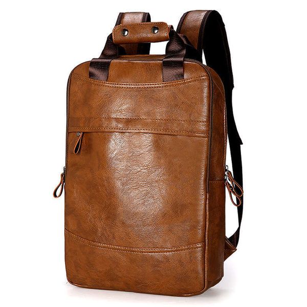 Vintage Waterproof Backpack College School Bags Casual PU Leather Backpacks Travel Retro 15.6 Inch Laptop Bag For Men