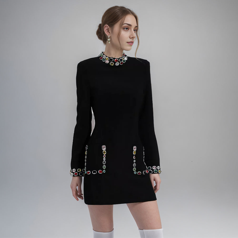 Solid Patchwork Dias Temperament Dresses For Women Stand Collar Long Sleeve High Waist Slimming Mini Dress Female New