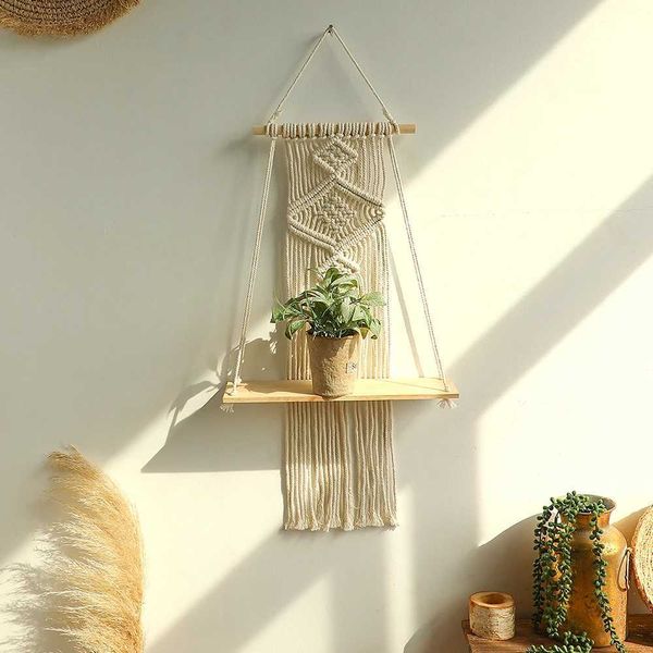 rame Wall Hanging Shelf Boho Decorative He Wall Decor Floating Wood Shelves rame Plant Hanger Bedro Christmas Gift Y250120