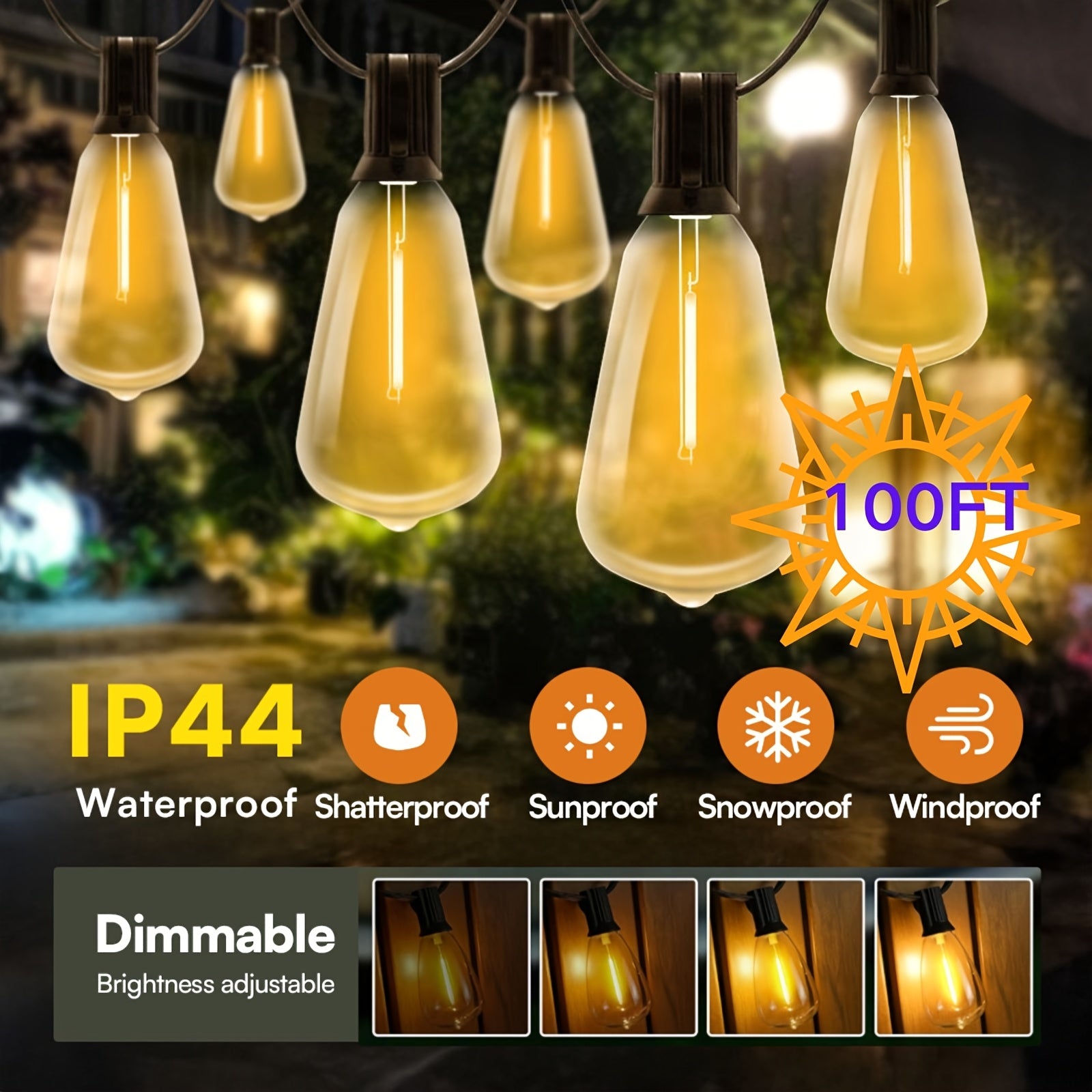 TEMU 100ft Led Outdoor String Lights, With Shatterproof Bulbs, Ip44 Waterproof, Outside Patio Lights With St38 Edison Bulbs, Hanging Lights For Yard