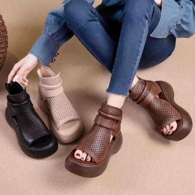 Summer New Hollow Breathable Hole Shoes Thick Sole Genuine Leather Fish Mouth Hook & Loop Retro Comfortable Women Sandals