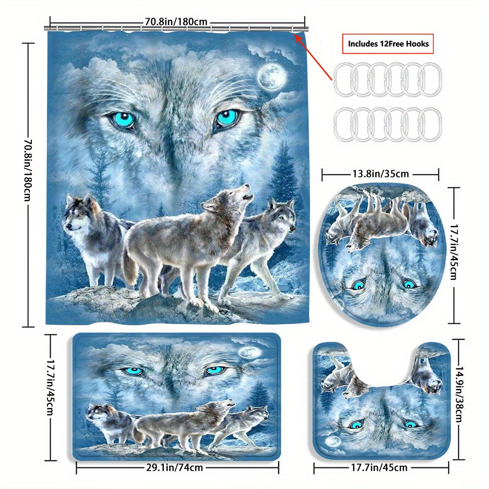 TEMU 4pcs Wolf Curtain Decoration, Beautiful Housewarming Gift, Decoration, Waterproof Shower Curtain And Toilet Floor Mat 3 Piece Set With 12 Shower