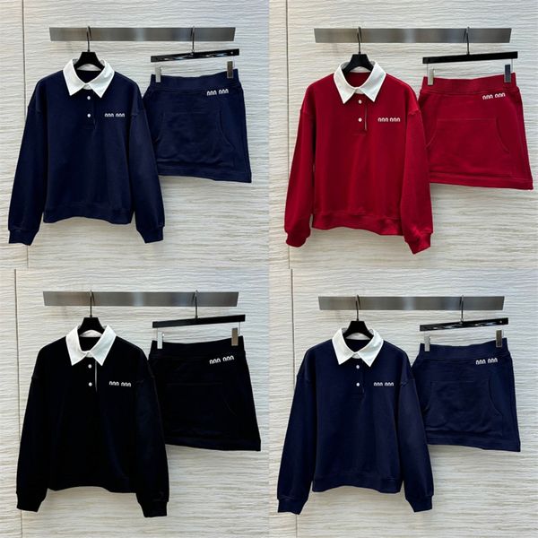 Fake Two Piece Hoodies Sport Skirt Casual Set Embroidery Letter Polos Sweatshirts Elastic Waist A Line Skirts Two Piece Sets